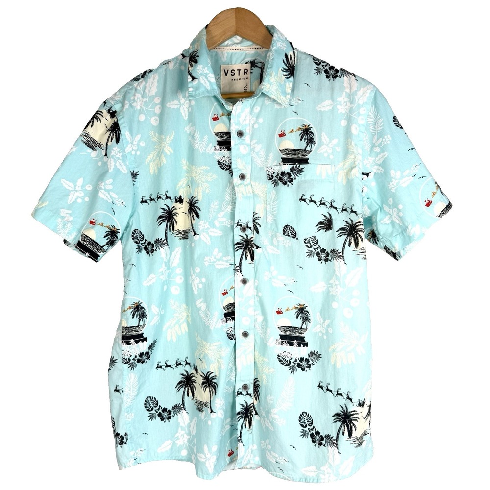 VSTR Tropical Christmas Short Sleeve Button Up Mens Large Festive Holiday Santa